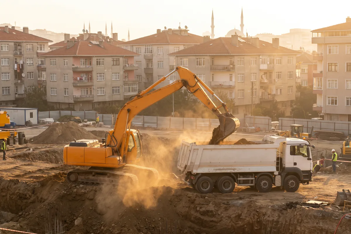 Ekskavatör İstanbul'da şantiyede temel kazısı yaparken hafriyat toprağını Avrupa tipi damperli kamyona yüklüyor
